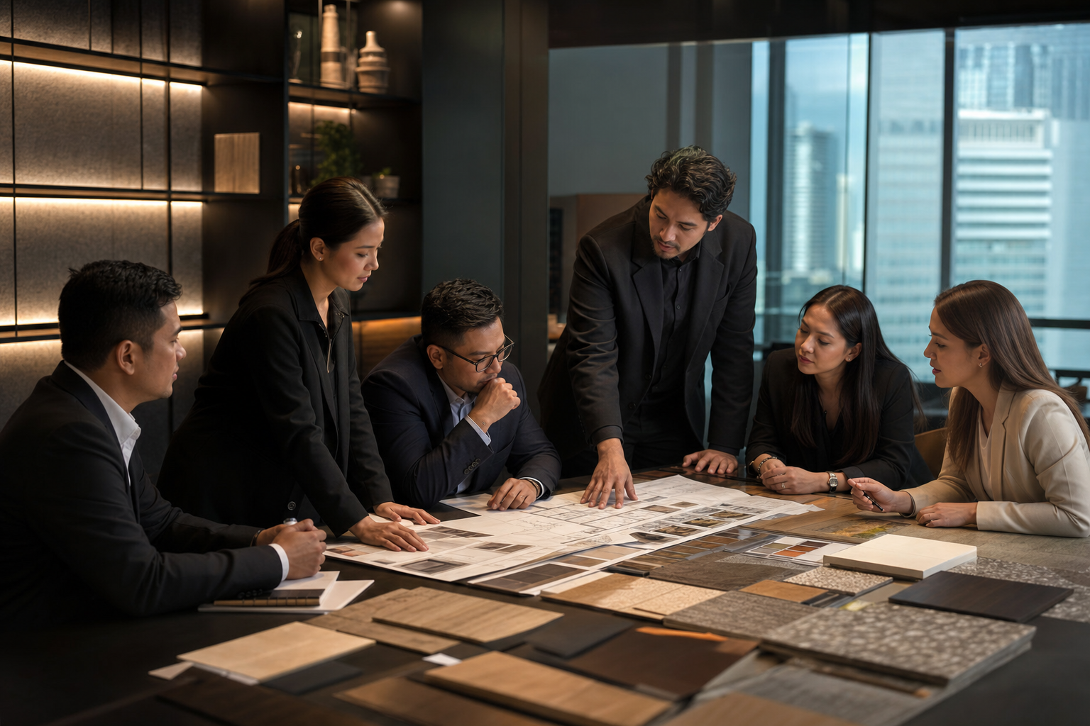 Philippine office design and build team reviewing plans